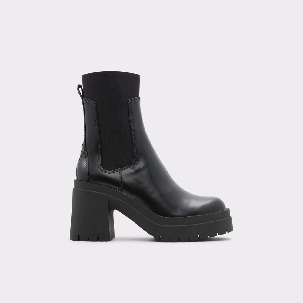 Aldo Black Patent Leather Tall Shaft Chunky Platform Heel Chelsea Boots